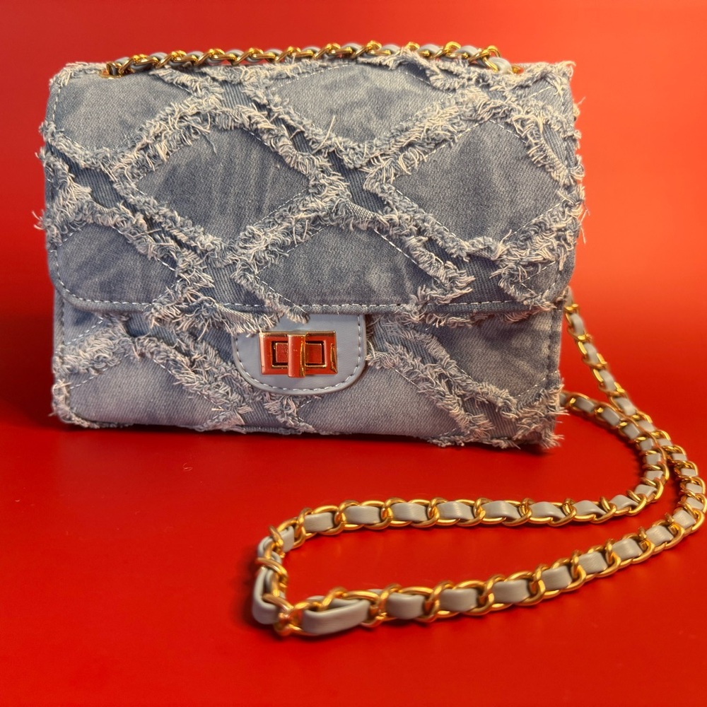 Distressed Denim Crossbody Bag with Chain Shoulder Strap